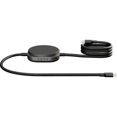 Un caricabatterie wireless elegante nero con cavo intrecciato e connettore USB-C, a marchio 'zens', idoneo per la ricarica di dispositivi compatibili.