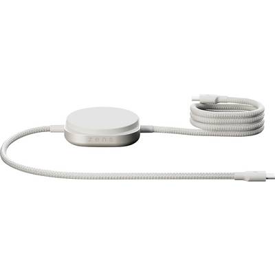 Un pad di ricarica wireless con un cavo intrecciato e due connettori su ciascuna estremità, progettato per una carica dei dispositivi comoda e flessibile.