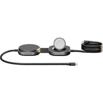 Stazione di ricarica wireless dual 'Zens' con un design nero elegante, dotata di supporti magnetici per dispositivi e un cavo USB-C allegato.