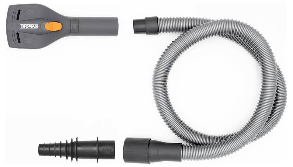 Un set di accessori per aspirapolvere composto da un tubo, un ugello e un connettore, progettato per una pulizia efficiente con un design compatto e resistente.