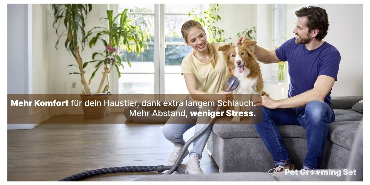 Un paio di persone utilizza un accessorio per aspirapolvere per toelettare un cane su un divano. Testo: 'Più comfort per il tuo animale domestico, grazie al tubo extra lungo. Più distanza, meno stress.'