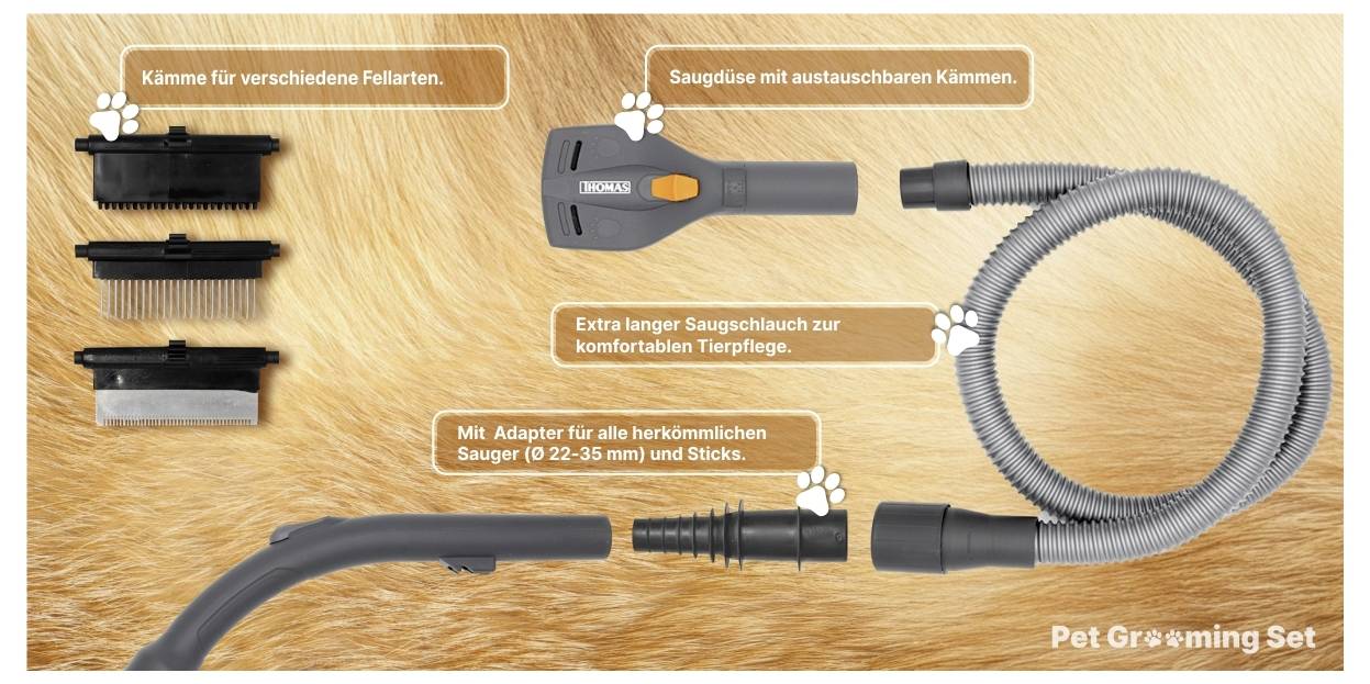Set per la toelettatura di animali domestici con spazzole per diversi tipi di pelliccia, un tubo aspirante con pettine intercambiabile e un adattatore per aspirapolvere standard.