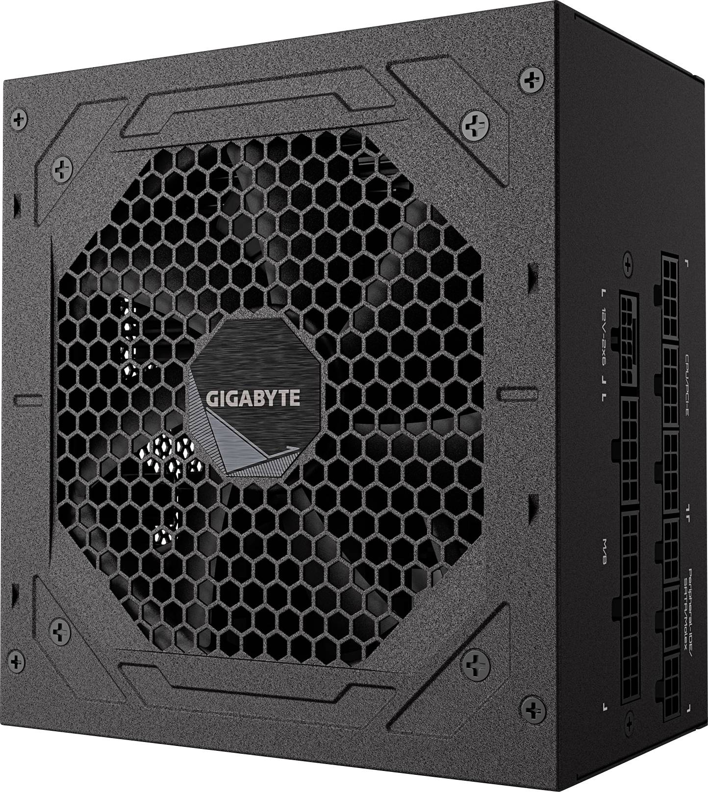 Unità di alimentazione per computer di marca 'GIGABYTE' di colore nero con design a griglia esagonale e porte visibili sul lato.