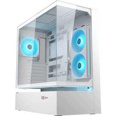 Un case per computer bianco con pannello laterale trasparente che mostra lo spazio interno, illuminato da ventole LED blu e con molteplici slot di espansione.