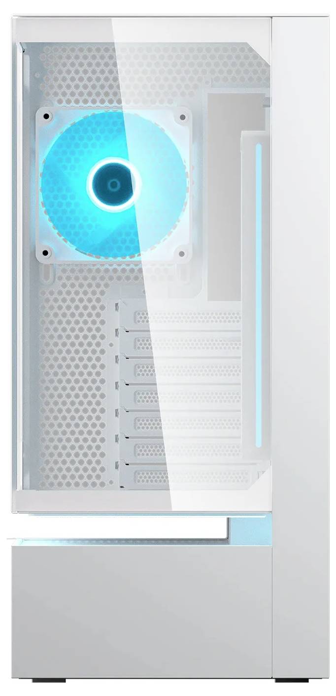 Un case per computer bianco con un pannello laterale in vetro che mostra un ventilatore blu illuminato all'interno. L'interno presenta più slot di espansione.