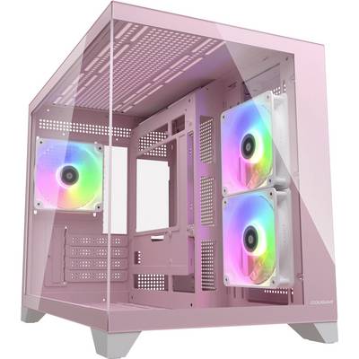 Un case per computer rosa con pannelli laterali trasparenti e tre ventole RGB montate, che mostrano un'illuminazione colorata.