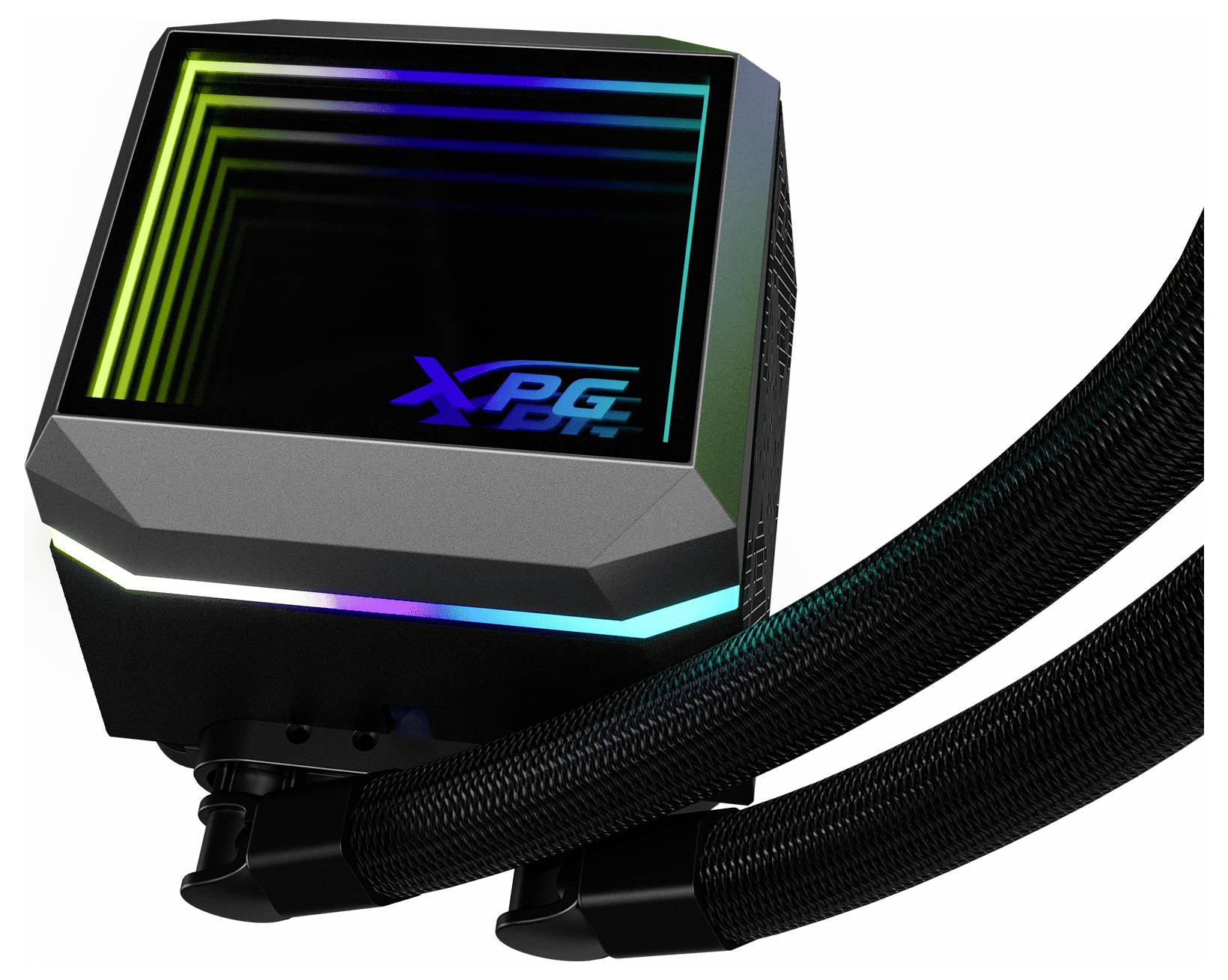 Un'unità di raffreddamento per computer XPG nera con luci LED e due tubi intrecciati.