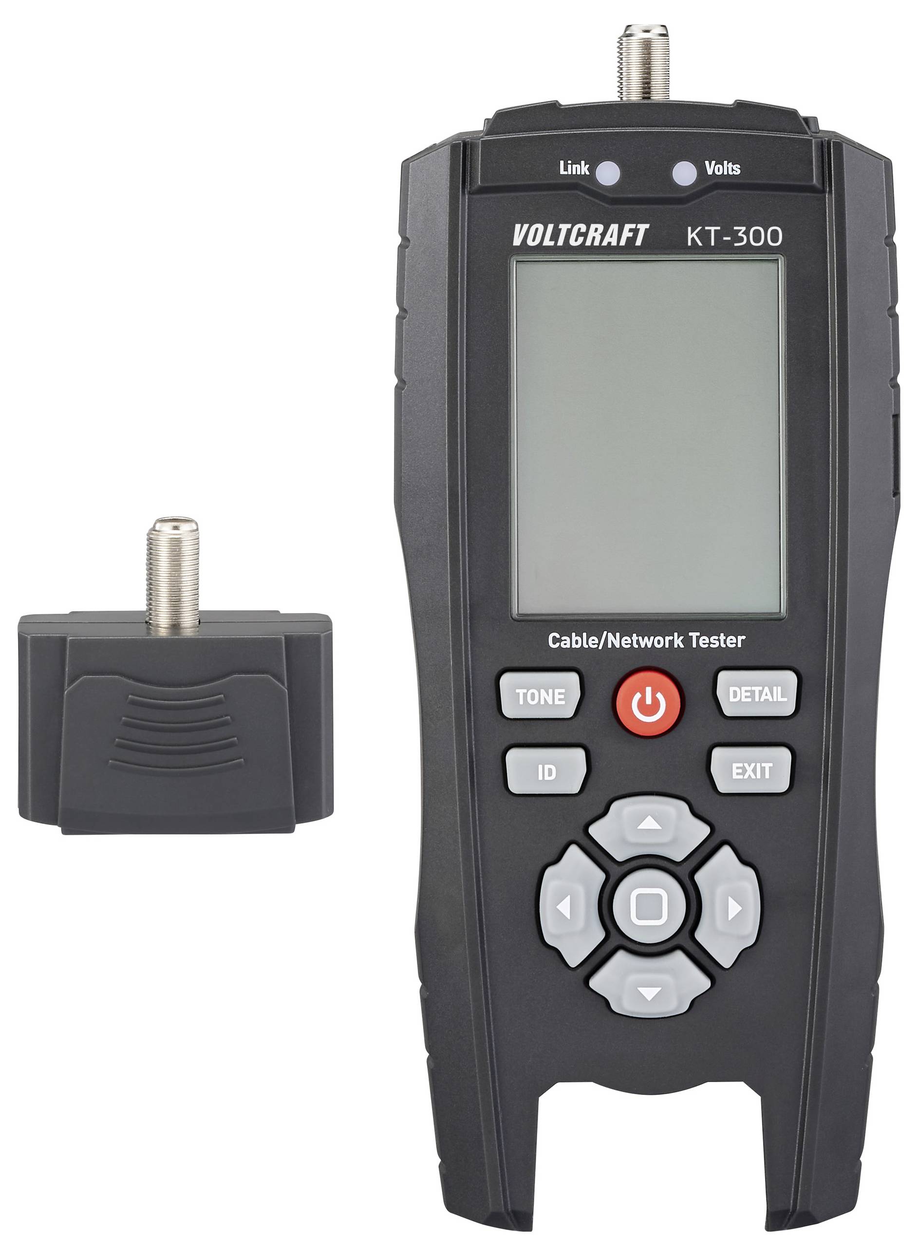 Un tester per cavi/rete Voltcraft KT-300 con un piccolo componente staccato accanto. Il tester visualizza opzioni come "Tone", "Detail" e "Exit".