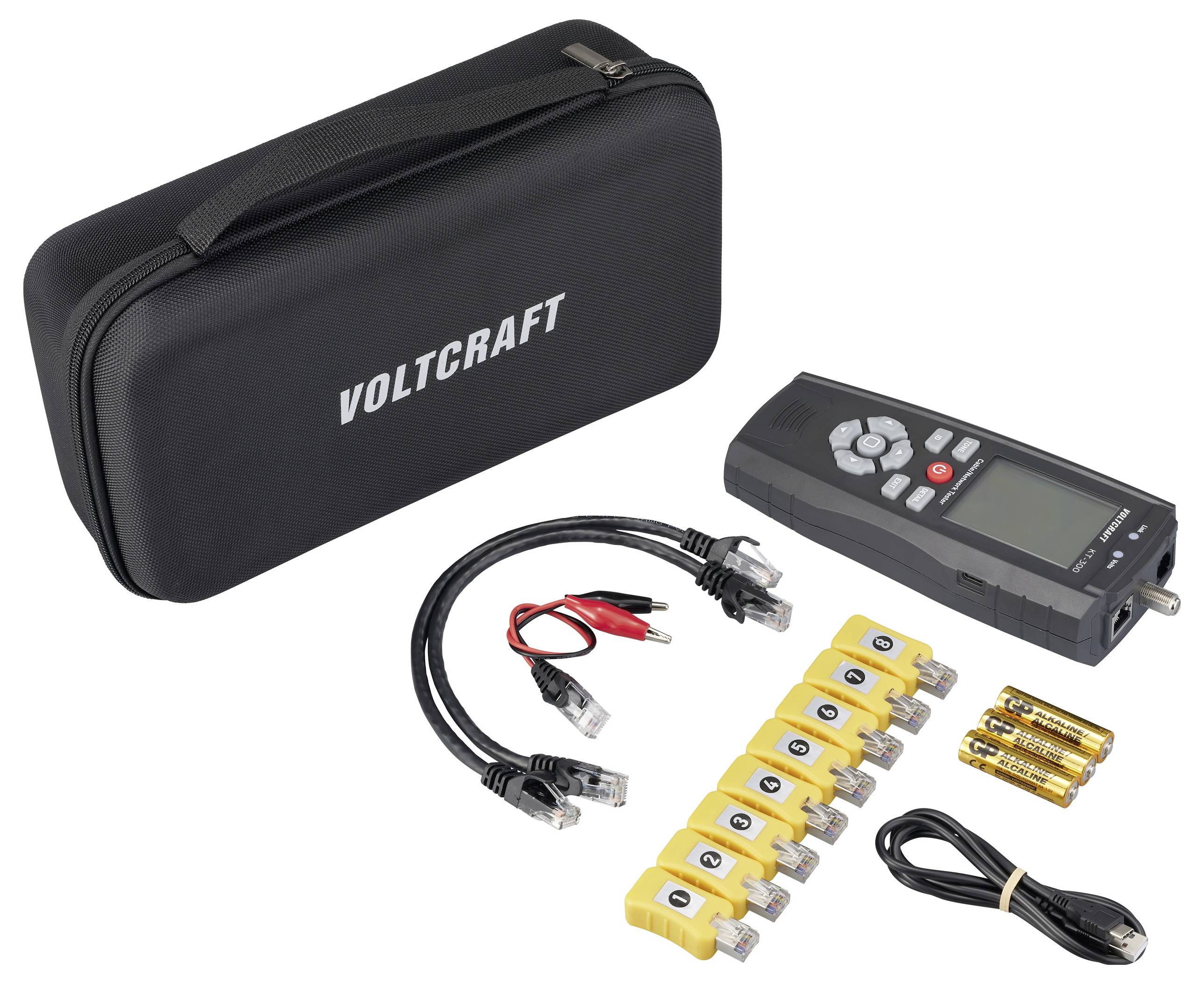 Custodia marca 'Voltcraft' con un tester per cavi, tester di rete, cavi e batterie, organizzati per una facile identificazione e utilizzo.