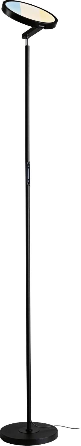 Lampada da terra alta, nera, con base circolare e testa regolabile che emette una luce soffice e calda.