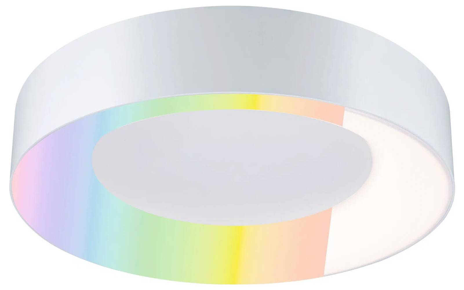 Un lampadario rotondo con base bianca e un segmento LED arcobaleno, che emette una luce soffusa e multicolore.