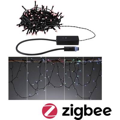 Luci a stringa 'Zigbee' con scatola di controllo, che mostrano vari effetti di illuminazione: bianco caldo, rosso, verde, blu, multicolore.