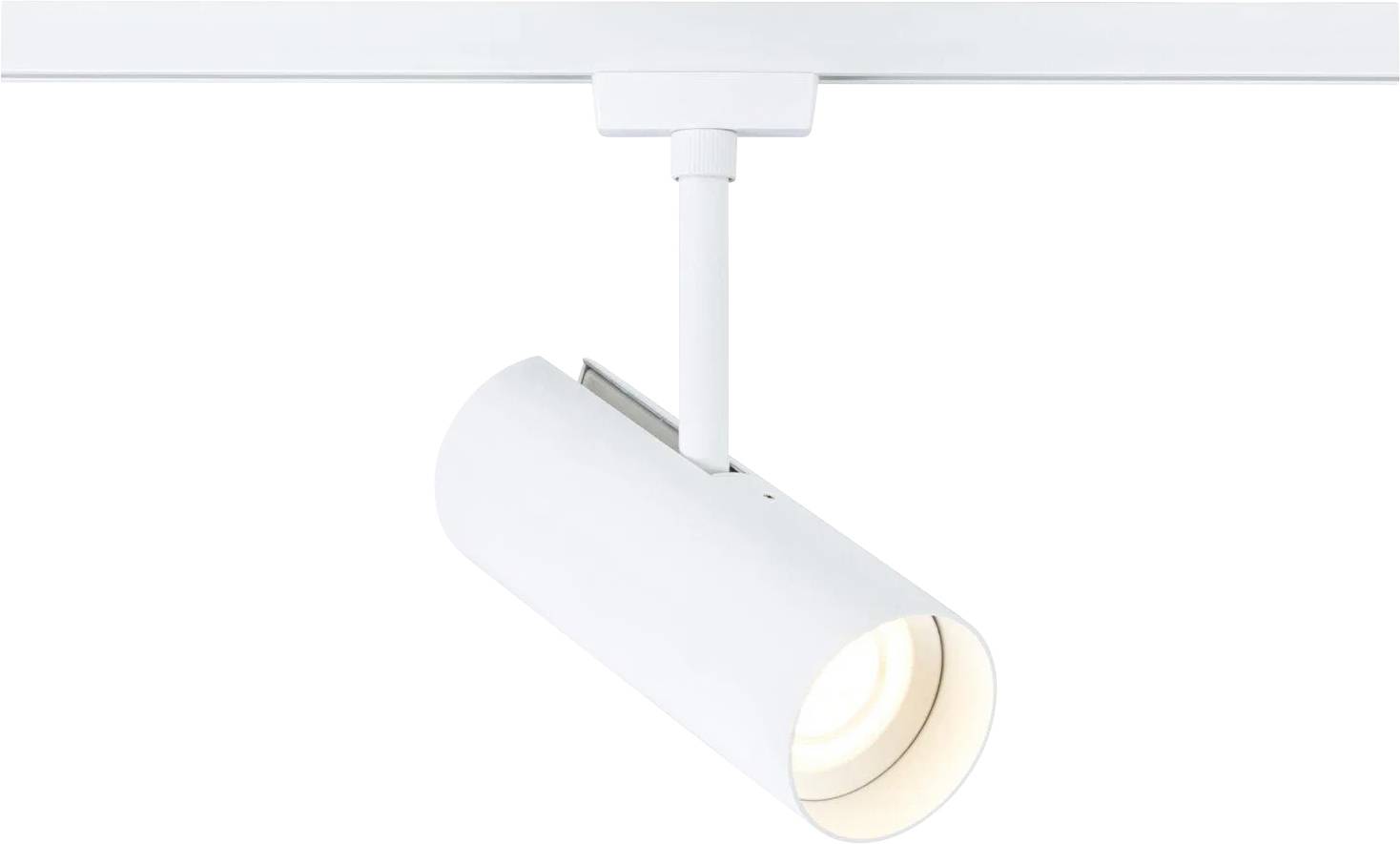 Un'illuminazione a binario bianca cilindrica con un design minimale è montata su un binario a soffitto, inclinata verso il basso, adatta a interni moderni.
