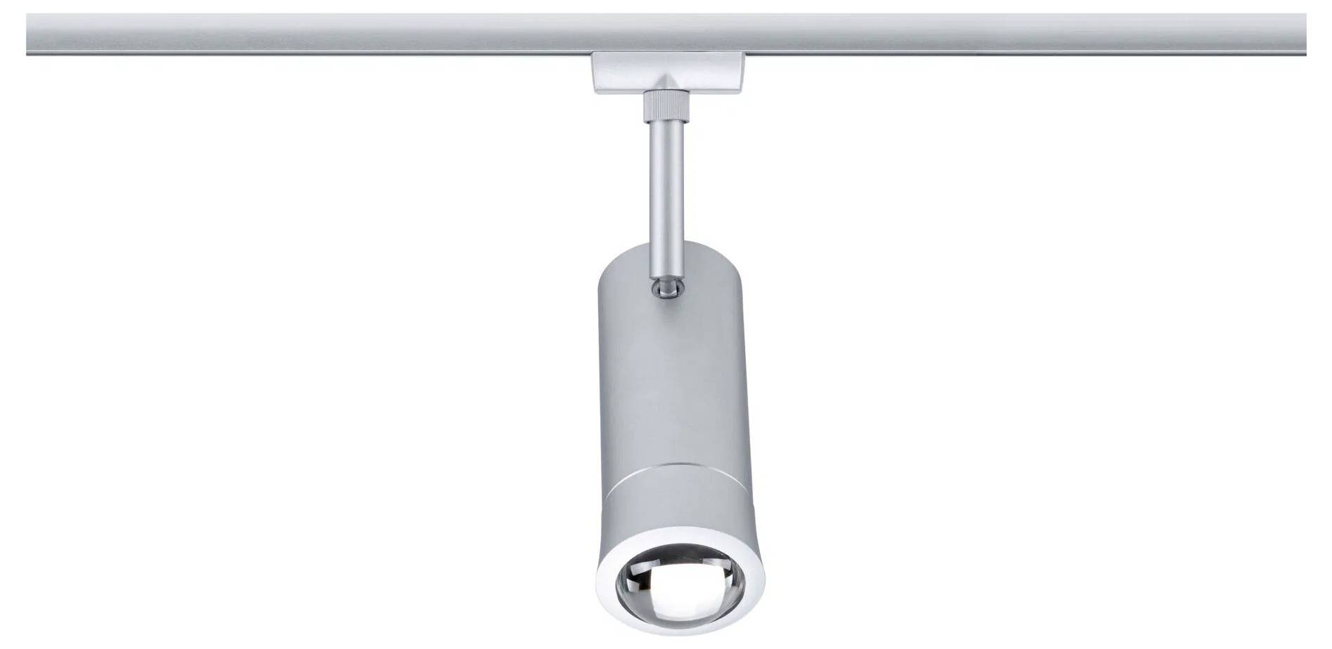 Apparecchio di illuminazione a binario argentato a soffitto con faretto cilindrico appeso verso il basso, adatto per un'illuminazione mirata.