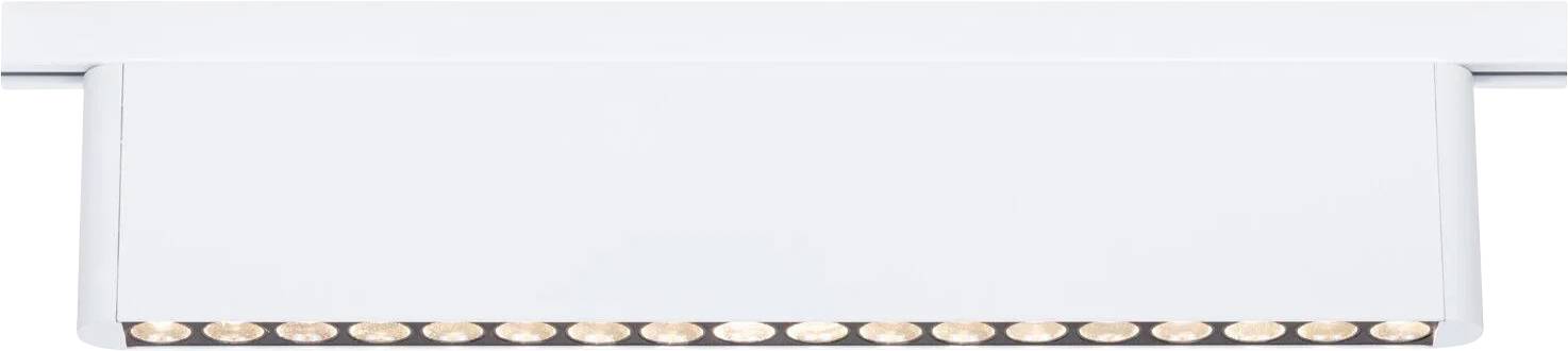 Un'illuminazione moderna da soffitto a incasso, rettangolare e bianca, con più piccole lampadine LED allineate in una fila.