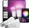 Lampadine intelligenti Philips Hue e app mostrate. L'app visualizza una ruota dei colori per personalizzare l'illuminazione. Compatibile con Alexa, Apple Home e Google Home.