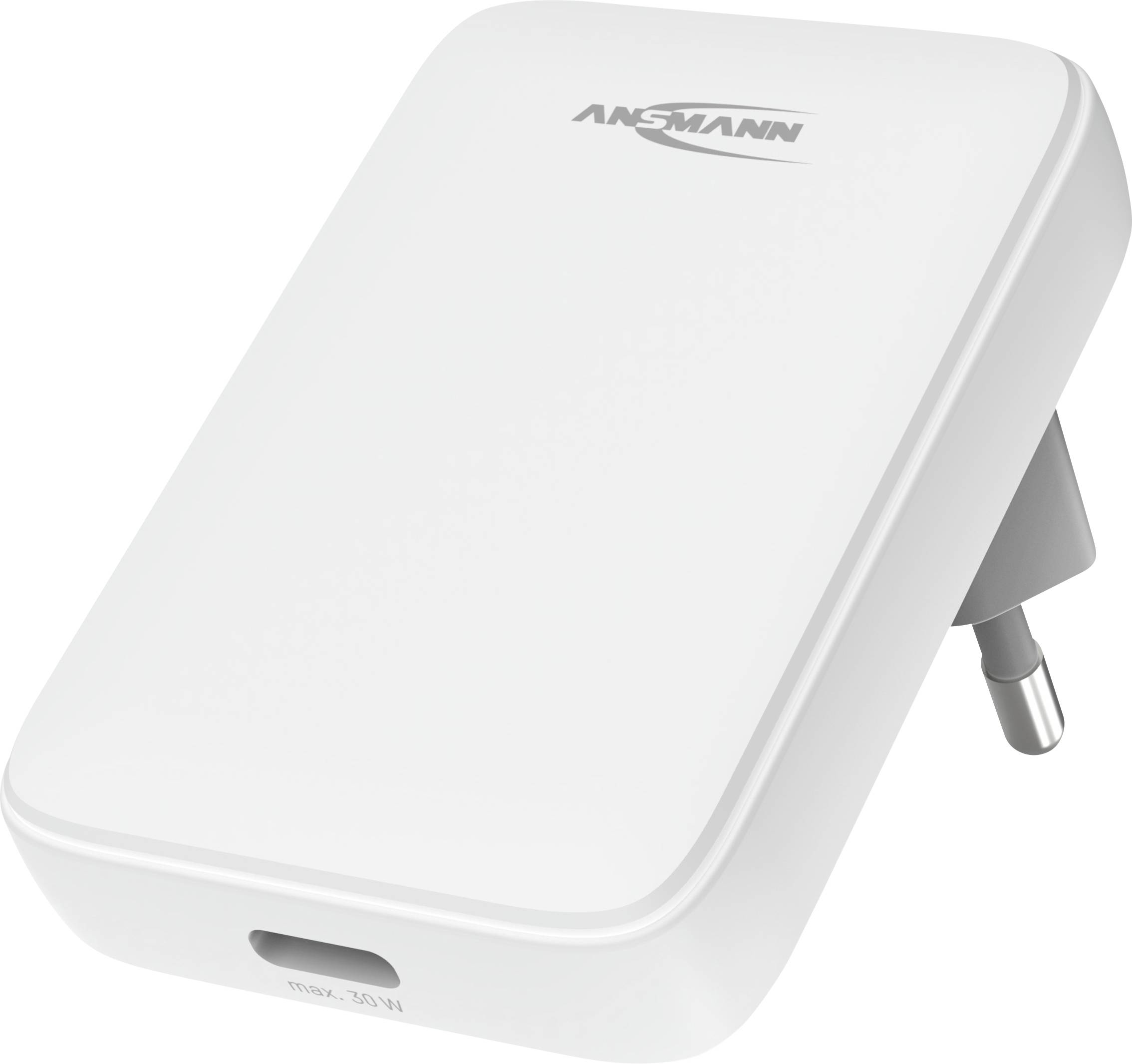 Un caricabatterie da muro Ansmann bianco con design sottile, dotato di una singola porta USB e una spina elettrica sul retro.
