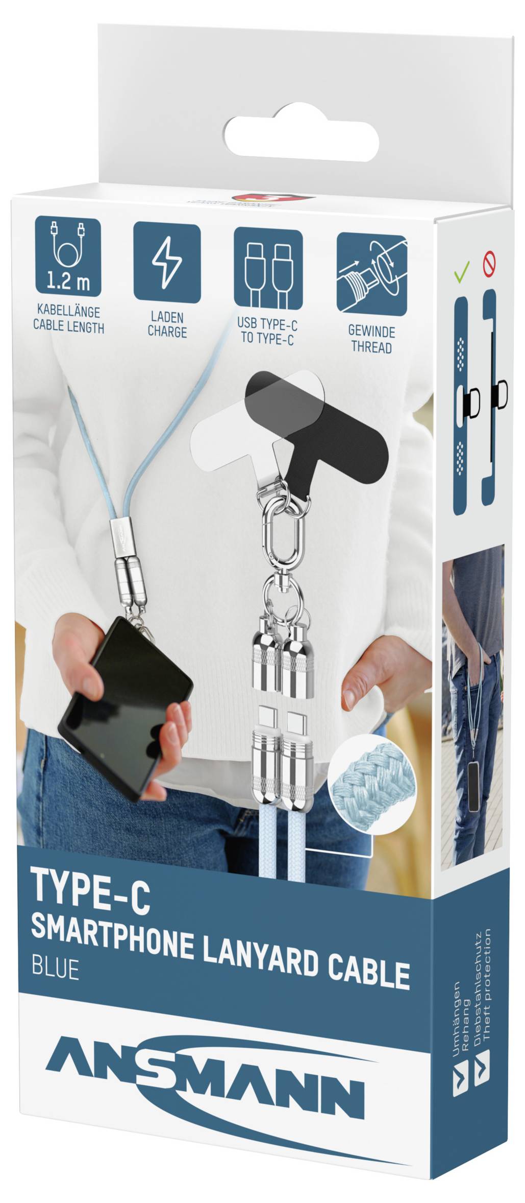 Cavo Laccetto per Smartphone Type-C, Blu' mostra sulla confezione un cavo che collega uno smartphone intorno al collo di una persona. Lunghezza del cavo: 1,2 m.