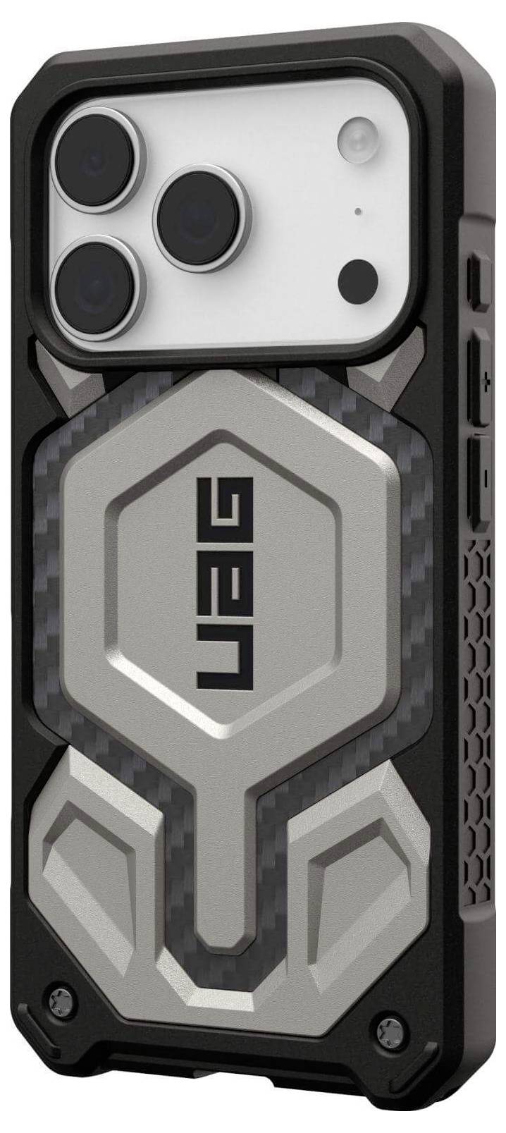 Un robusto custodia per telefono con design metallico a motivi esagonali e marcato logo 'UAG', che enfatizza la resistenza e la protezione.