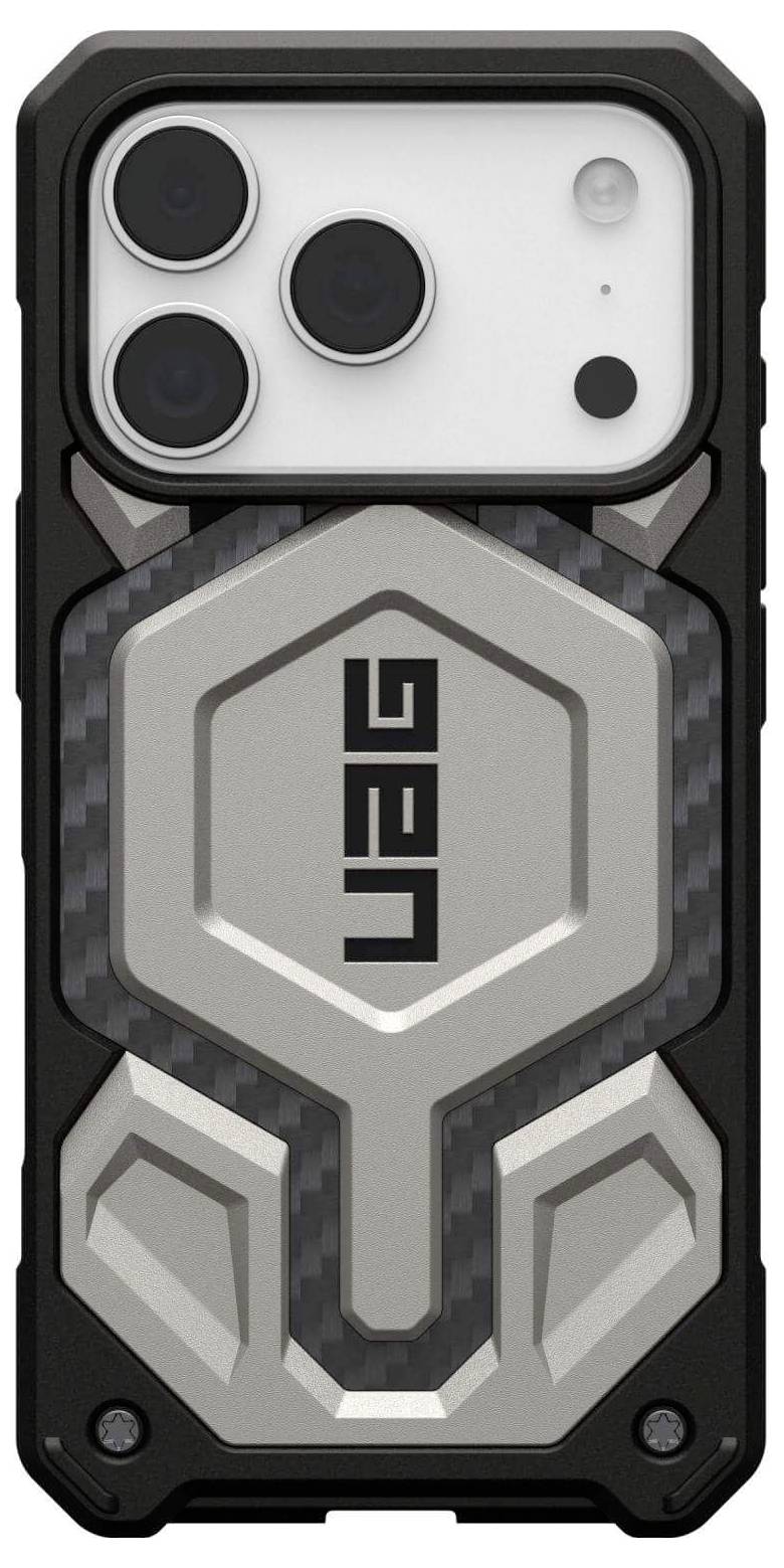 Un robusto custodia per telefono UAG con un design geometrico metallico e bordi neri, che presenta un ritaglio protettivo per la fotocamera di uno smartphone.