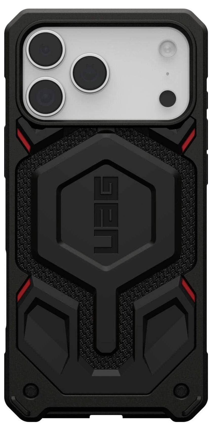 Custodia per telefono robusta di colore nero con un design esagonale audace e dettagli rossi, che enfatizza la durabilità e la protezione per gli smartphone.