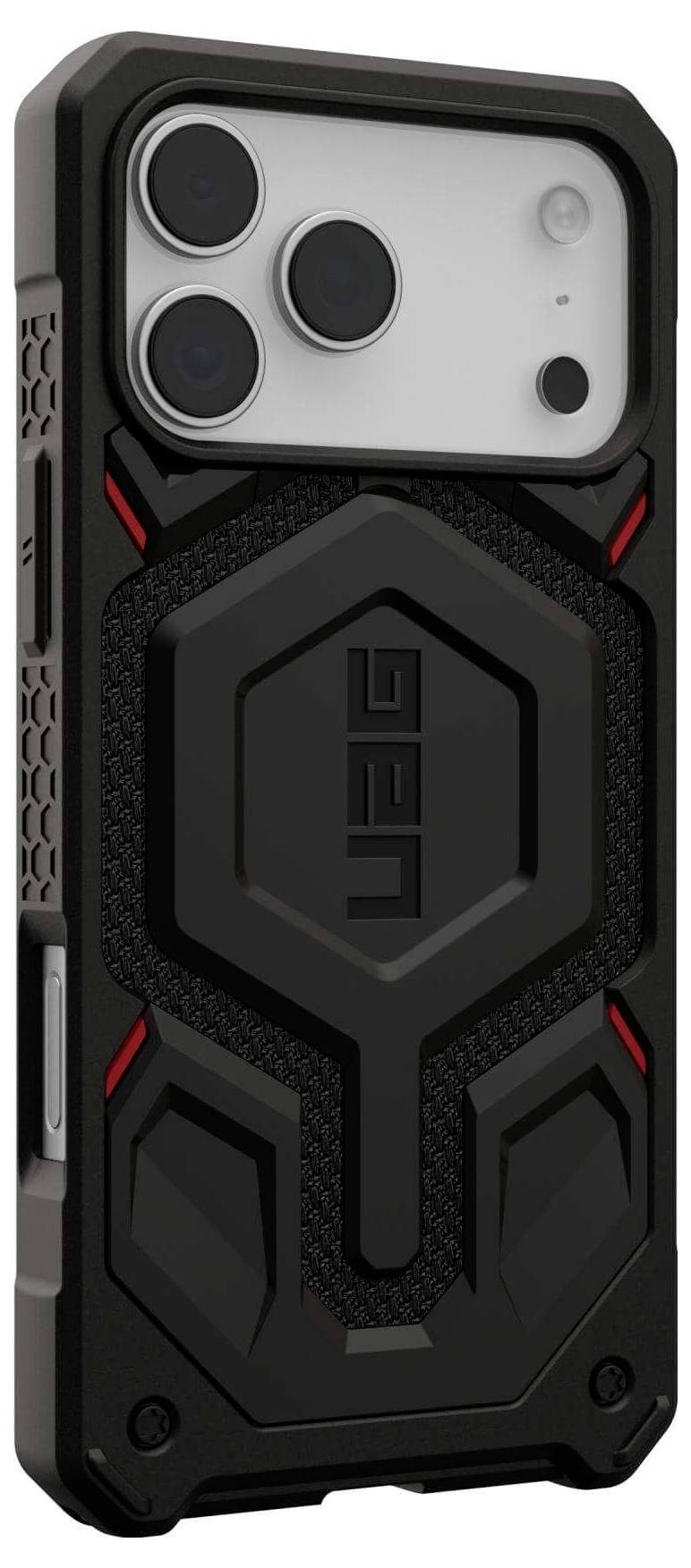 Una custodia per telefono robusta con un motivo esagonale e accenti rossi, che presenta ampi ritagli per la fotocamera e un design con impugnatura testurizzata.