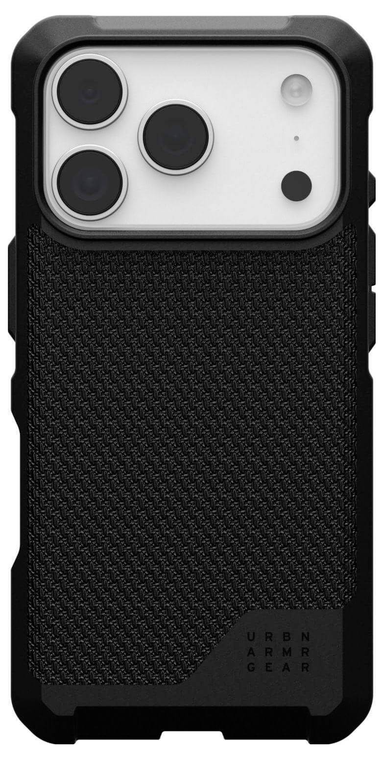 Un smartphone con un robusto involucro nero con una superficie posteriore testurizzata e obiettivi fotografici prominenti.