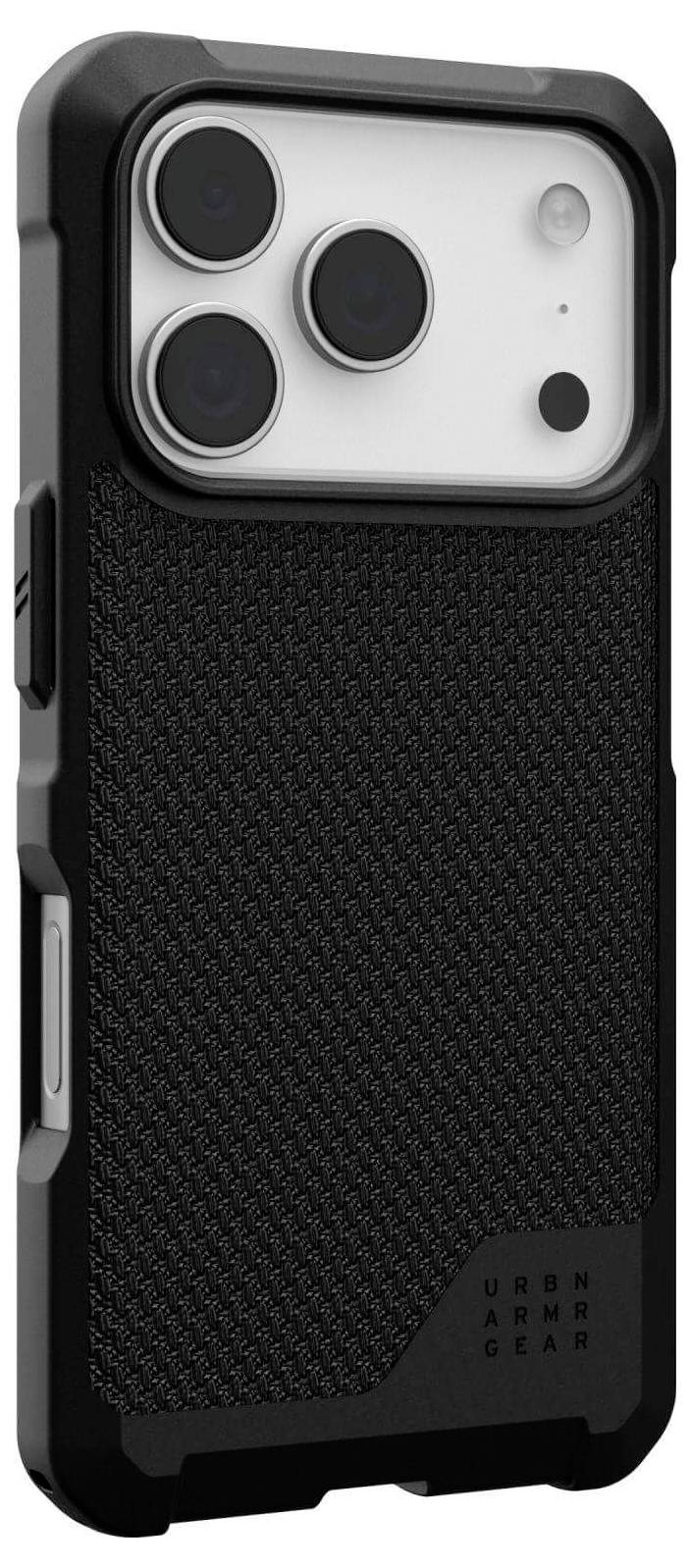 Un robusto custodia per telefono nero con impugnatura testurizzata e tagli ritagliati per gli obiettivi della fotocamera, progettata per la protezione e la durabilità.