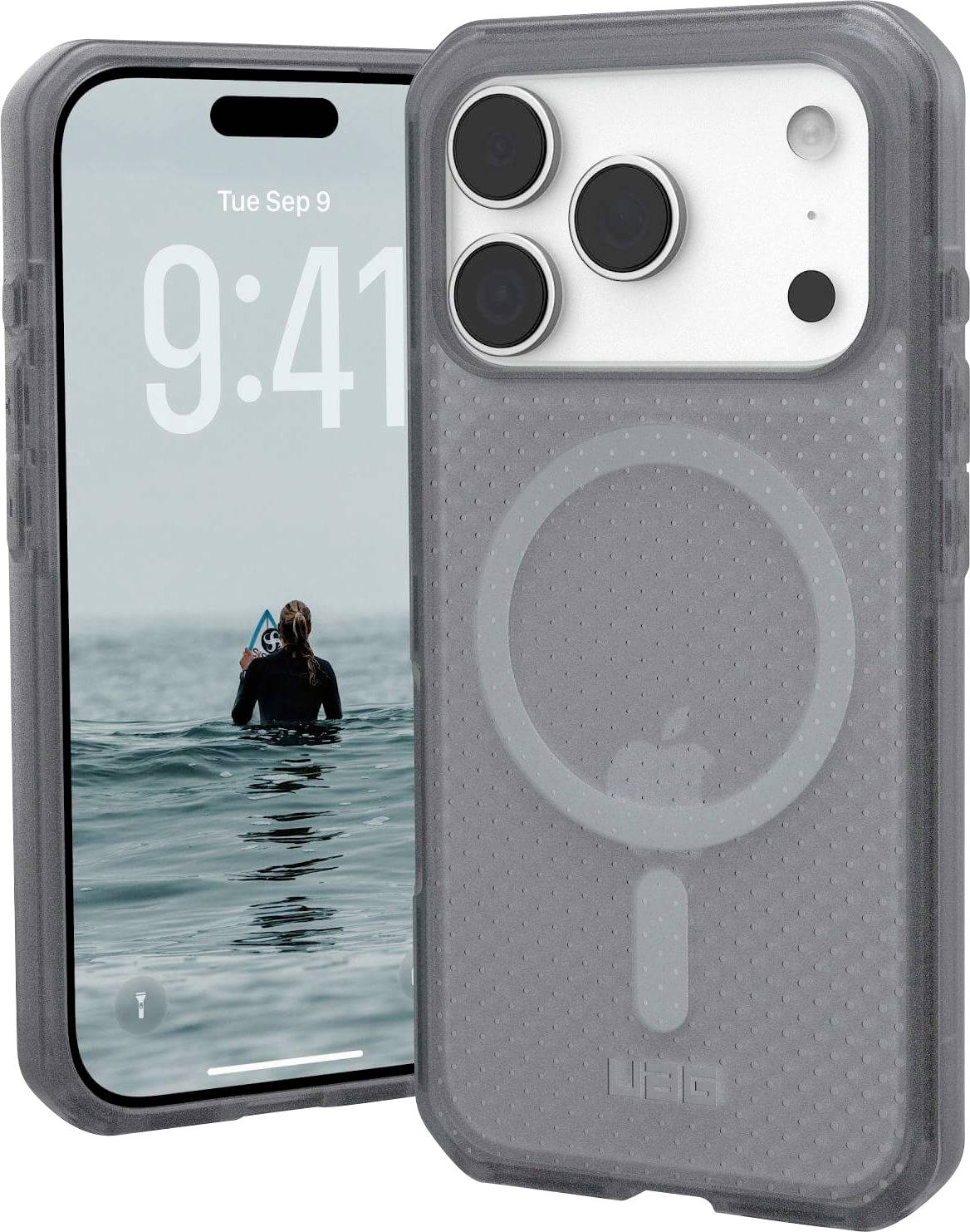 Un telefono con una custodia protettiva grigia e uno schermo che mostra '9:41' e una persona in acqua che tiene uno smartphone.
