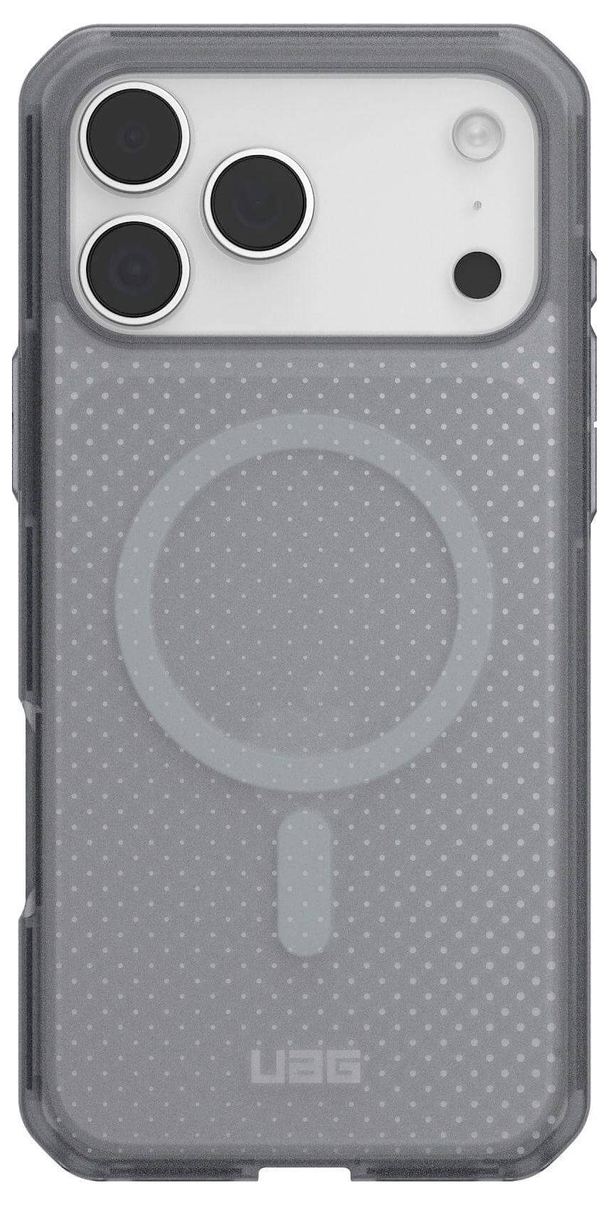 Un smartphone con un custodia protettiva trasparente che presenta una texture a punti e un cerchio di allineamento MagSafe, che mostra tre obiettivi della fotocamera.