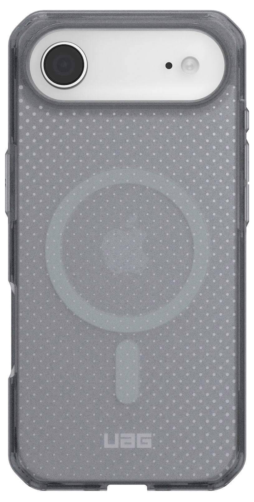 Un custodia per telefono trasparente con una texture a puntini e un design circolare al centro. La custodia è etichettata con 'UAG' in basso.