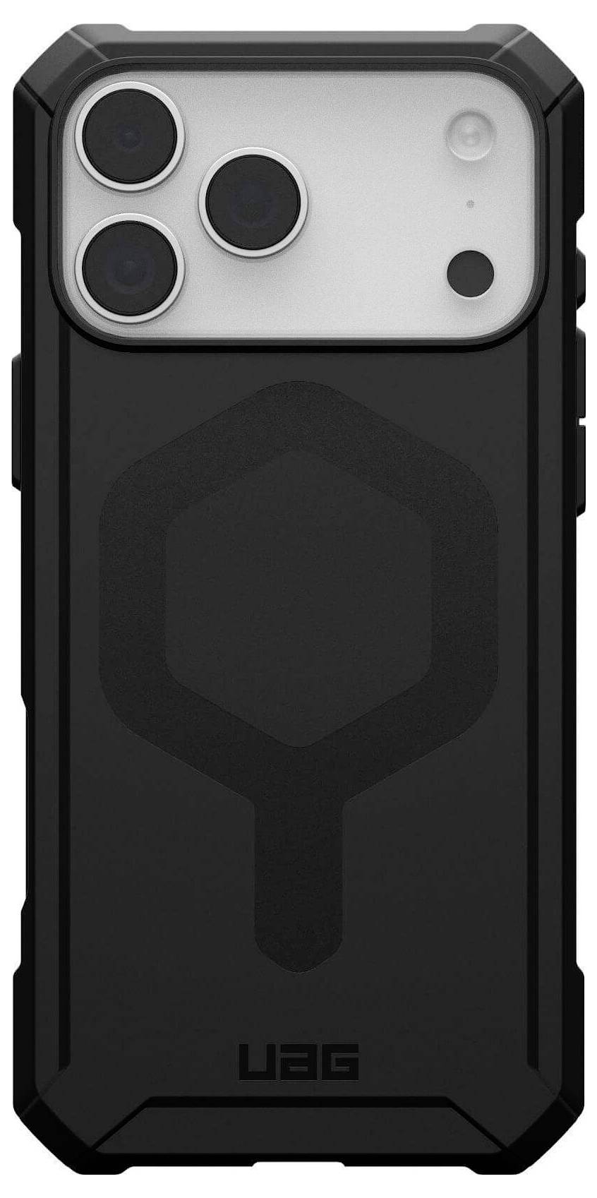 Un robusto custodia per smartphone nera con un design esagonale e tre tagli per obiettivi della fotocamera etichettati 'UAG'.