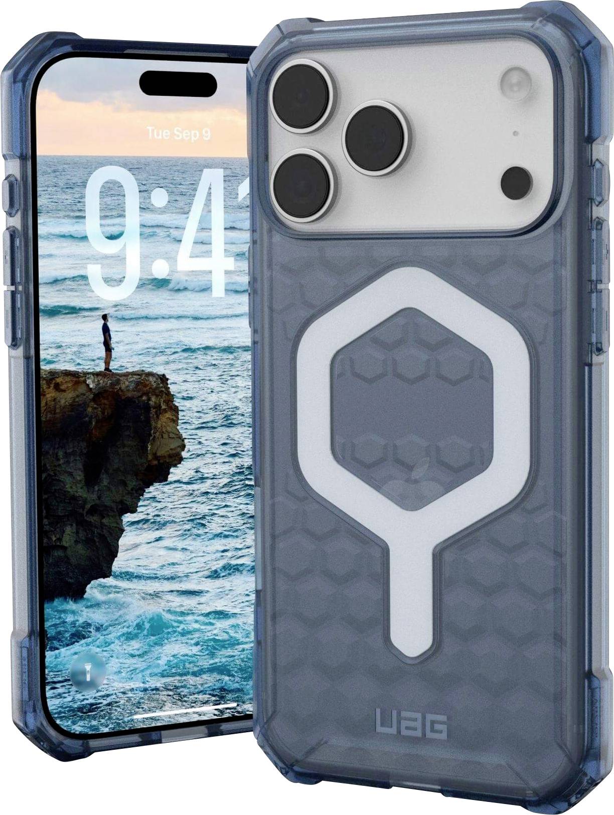 Viene mostrato uno smartphone con una custodia protettiva. Il telefono visualizza una scogliera rocciosa contro un oceano blu, con l'ora '9:44'.