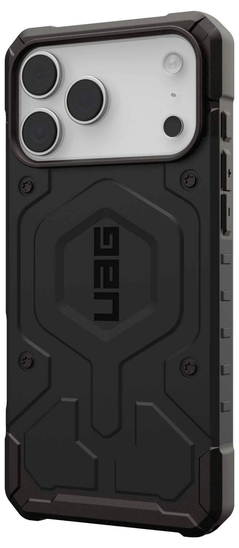 Un robusto custodia nera per telefono con angoli rinforzati e superficie testurizzata, progettata per proteggere uno smartphone con doppia fotocamera.