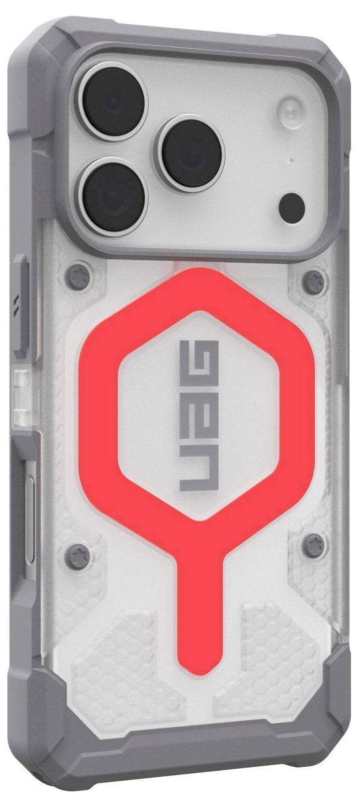 Un custodia per smartphone robusta con un design grigio e rosso, che presenta un prominente motivo esagonale rosso e le lettere 'UAG' al centro.
