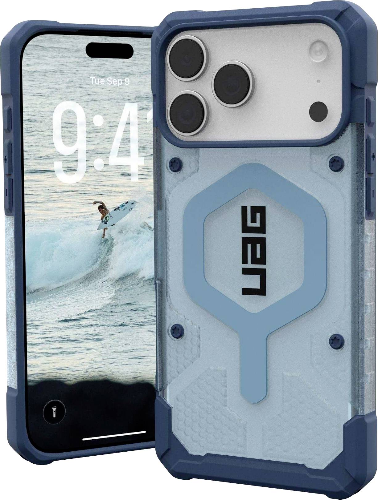Uno smartphone in un custodia blu resistente. La custodia ha un design robusto con il logo del marchio sul retro. Lo schermo del telefono mostra un surfista che cavalca un'onda.