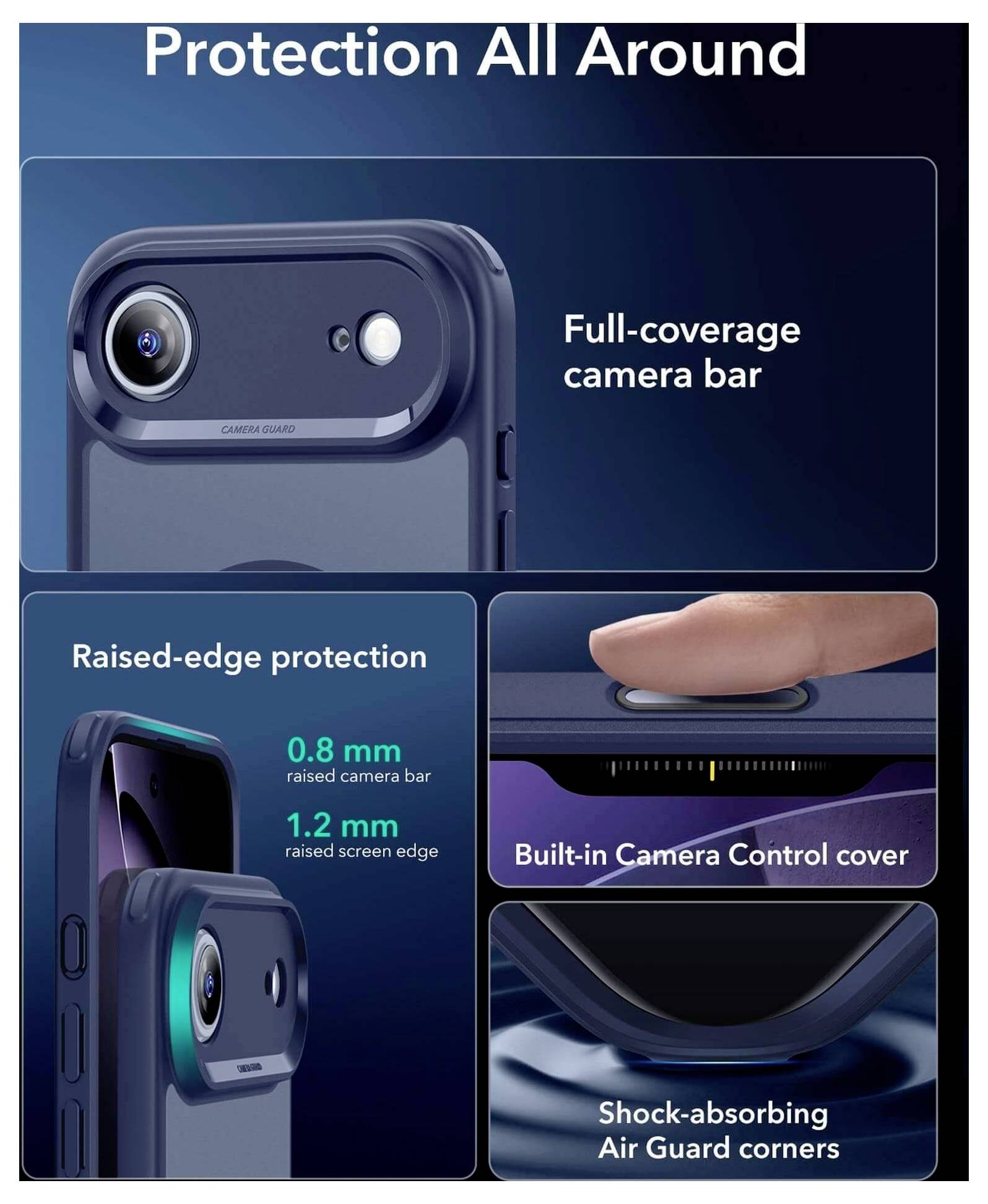 Immagine di una custodia per telefono con "Protezione Totale". Caratteristiche includono: barra di protezione completa della fotocamera, protezione con bordi rialzati, copertura integrata per il controllo della fotocamera e angoli ammortizzanti Air Guard.