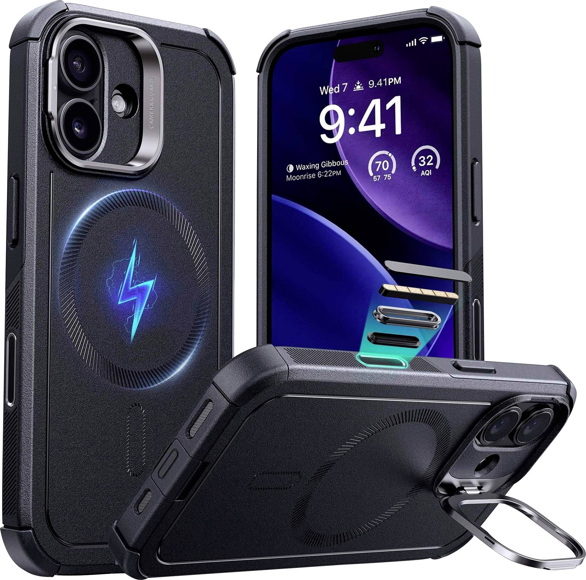 Custodia per telefono con supporto pieghevole, anello magnetico di supporto e simbolo di ricarica wireless, raffigurata con un telefono che mostra l'ora e le notifiche.