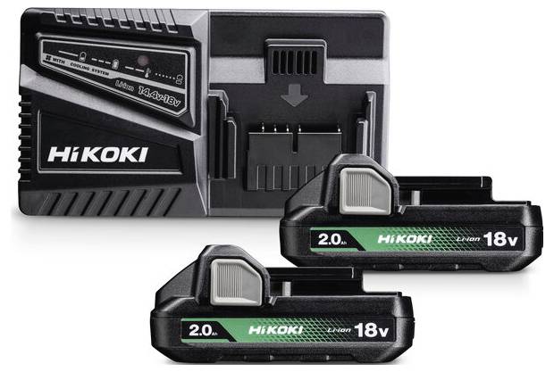 Un caricabatterie con due batterie agli ioni di litio da 18V 2,0Ah.
