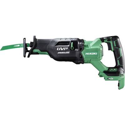 Una sega a reciprocazione HiKOKI verde e nera con lama visibile, etichettata 'UVP Brushless', progettata per tagliare diversi materiali.