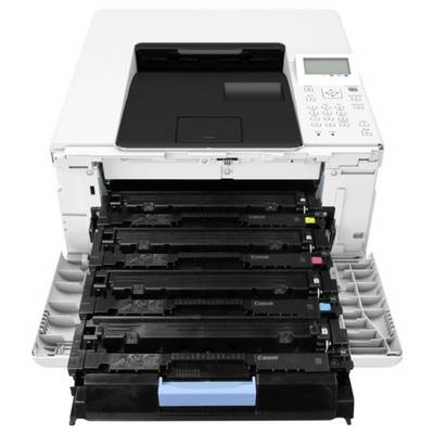 Una stampante laser con il pannello anteriore aperto, che mostra quattro cartucce di toner in nero, ciano, magenta e giallo per la sostituzione o la manutenzione.