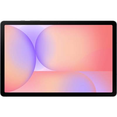 Schermo di un tablet che mostra uno sfondo astratto di cerchi sovrapposti in sfumature graduate di arancione, rosa e viola.
