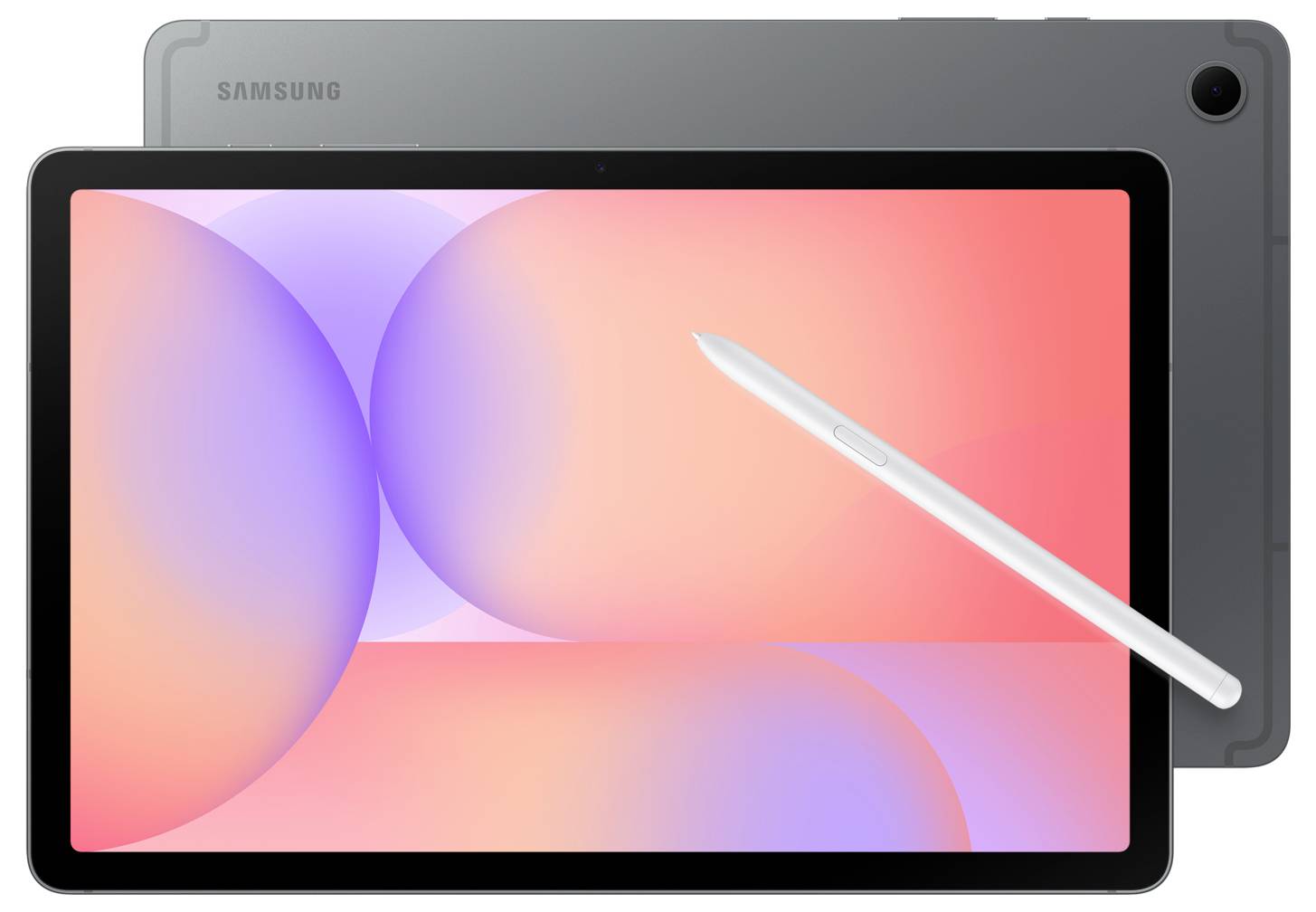 Un tablet con un pennino davanti a un altro tablet, che mostra un display luminoso con cerchi astratti sovrapposti in colori pastello.