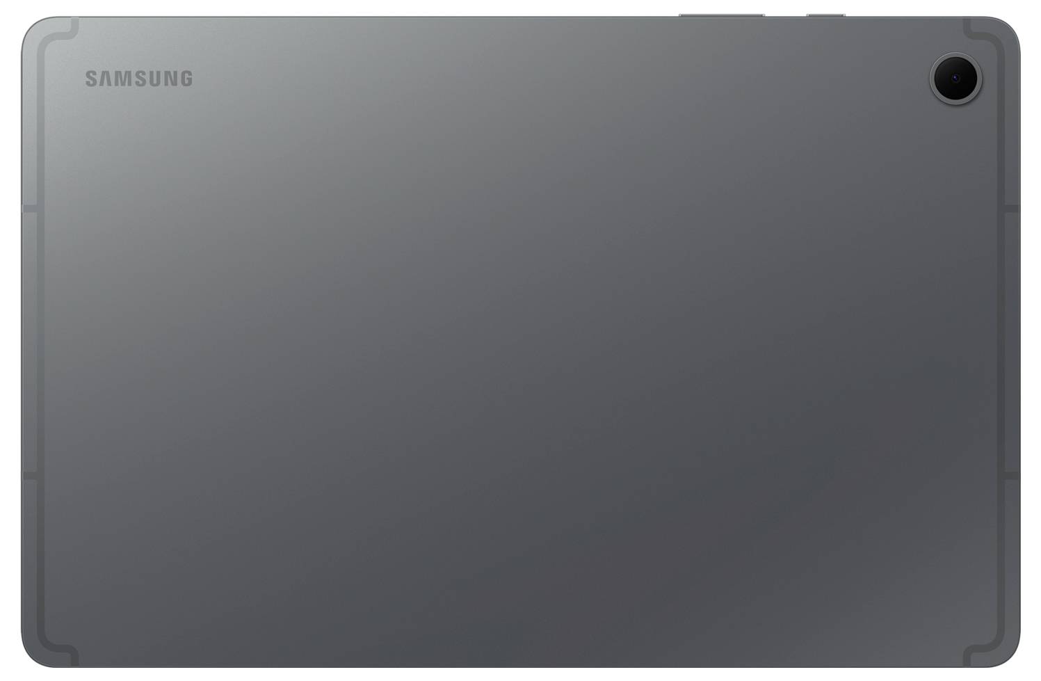 Retro di un tablet Samsung, che mostra un design minimalista ed elegante con una singola fotocamera nell'angolo superiore e nessun tasto visibile.