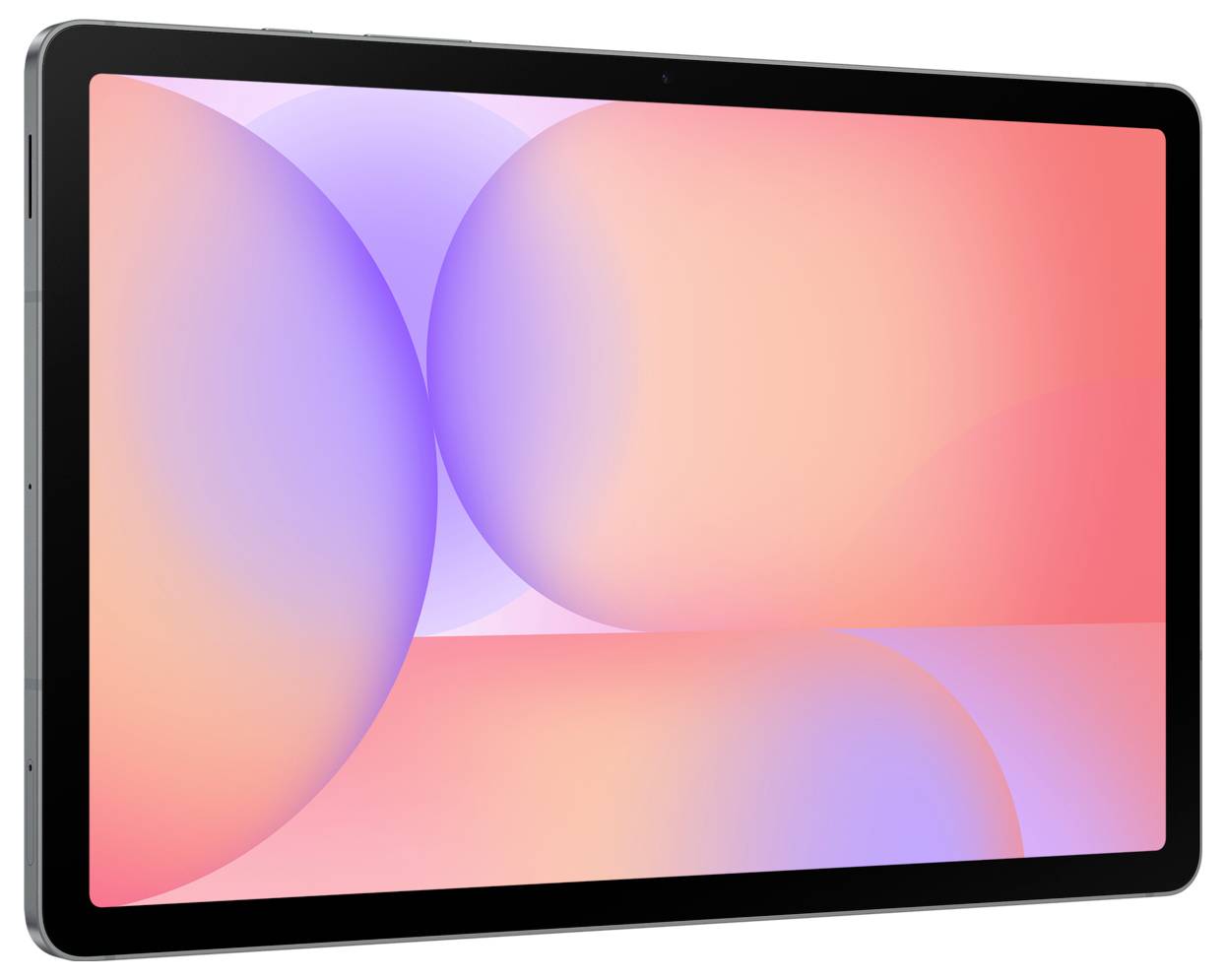 Un tablet con un sottile bordo nero, che mostra un design astratto con cerchi sovrapposti in tonalità pastello di rosa, viola e arancione.