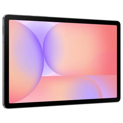 Un tablet con un sottile bordo nero, che mostra un design astratto con cerchi sovrapposti in tonalità pastello di rosa, viola e arancione.