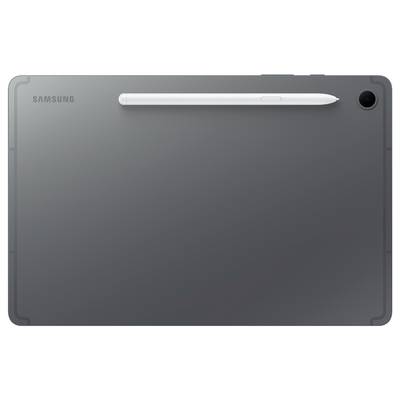 Un tablet grigio con uno stilo magneticamente attaccato sul retro, che mostra un design minimalista.
