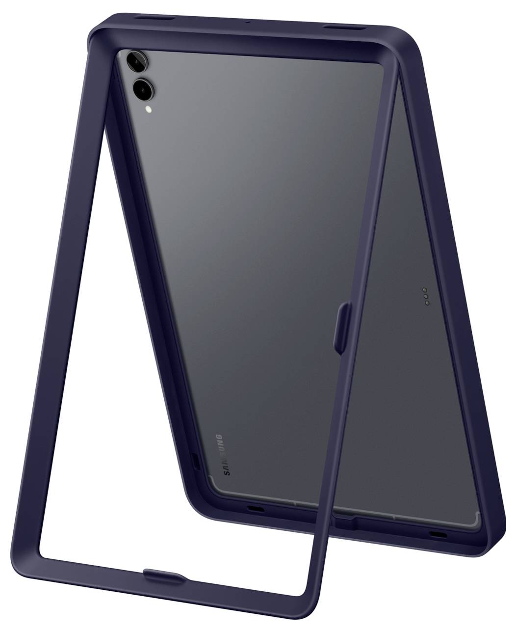 Un custodia per tablet elegante, di colore scuro, con un retro trasparente, che mostra ritagli per fotocamera e tasti, progettata per offrire protezione e stile.