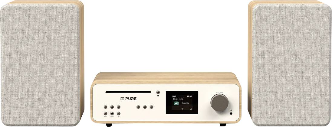 Un sistema stereo moderno con due altoparlanti in legno e un'unità centrale dotata di una manopola di controllo, display digitale e diversi pulsanti.