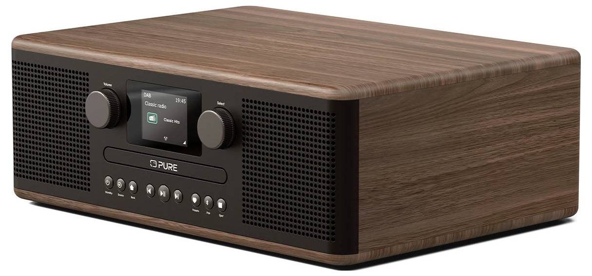 Una radio digitale in legno con altoparlanti, uno schermo che mostra 'Jazz FM' e pulsanti di controllo sul davanti.